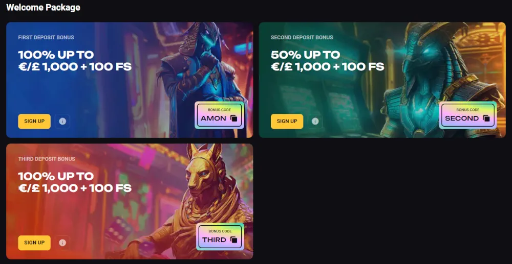 AmonBet multi-tier welkomstpakket voor nieuwe casinospelers.